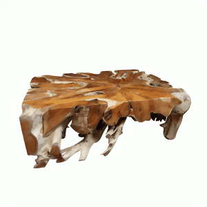Holztisch mit organischem Design und lebendigen Brauntönen.