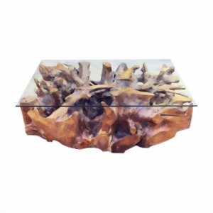 Kaffeetisch aus Holz mit gläserner Tischplatte und organischer Form.