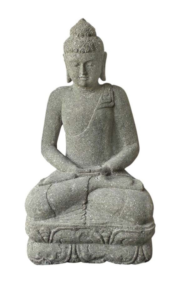 Sitzender Steinbuddha mit geschlossenen Augen und meditativer Haltung.