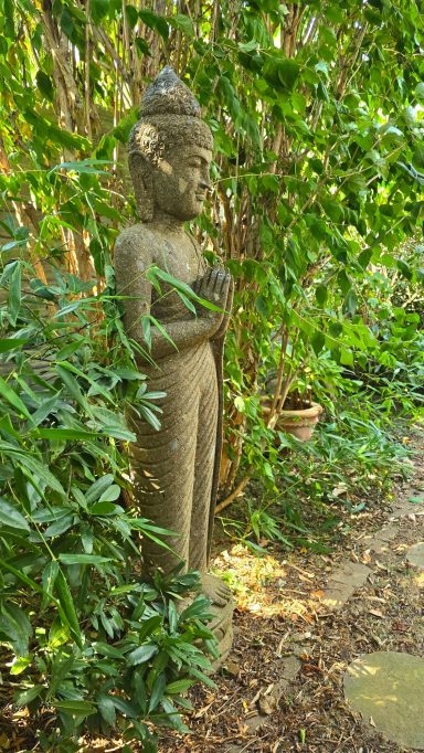 Unser Buddha-Weg im Sommer, alles ist tiefgrün.