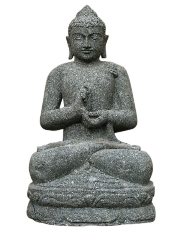 Sitzender Buddha aus grünem Stein, die Hände im Meditationsmudra.