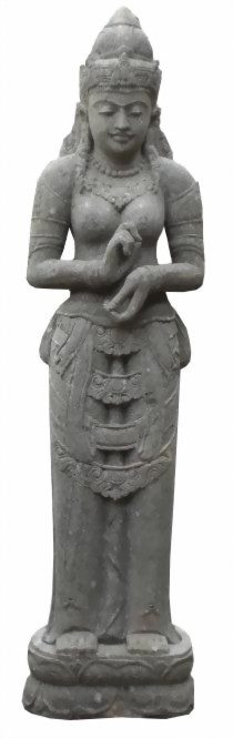 Steinerne Buddha-Statue, aufrecht stehend, Hände in der Rad der Lehrehaltung.