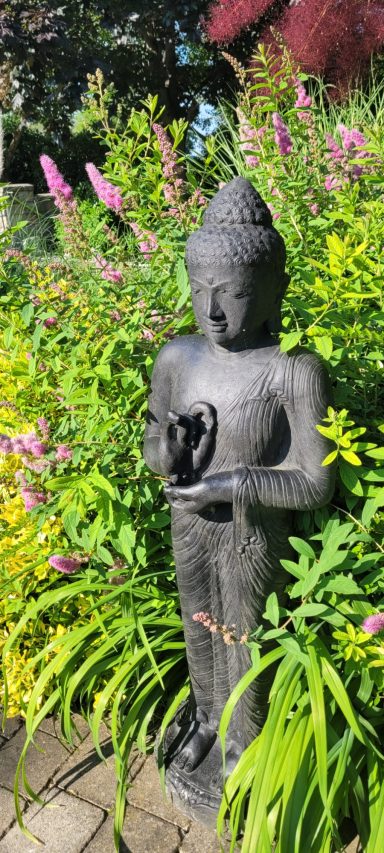 Buddha-Statuen mit Pflanzen und Blumen im Hintergrund.