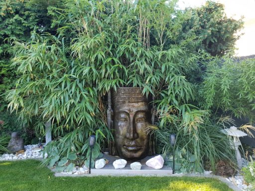 Buddhabrunnen unter einem tropischen Baum.