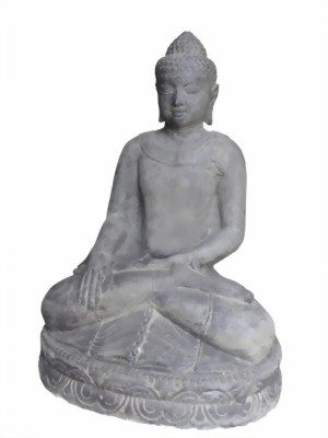 Graue Buddha-Statue, sitzend mit verschränkten Beinen und meditativer Pose.