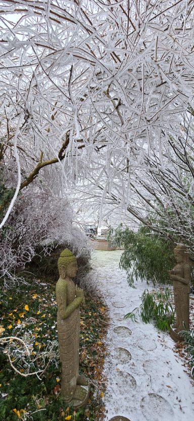 Buddha-Weg im Winter mit leichtem Schnee.