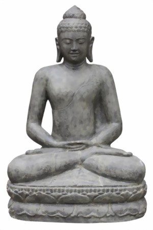 Buddhastatue in Meditationshaltung mit geschlossenen Augen und entspanntem Ausdruck.