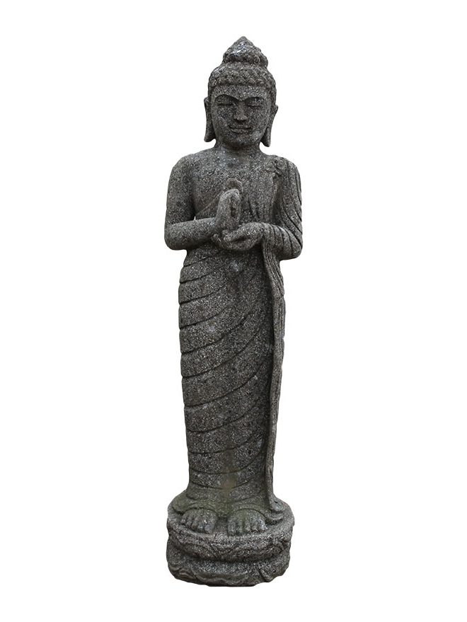Steinerne Buddha-Statue, aufrecht stehend, Hände in der Rad der Lehrehaltung.